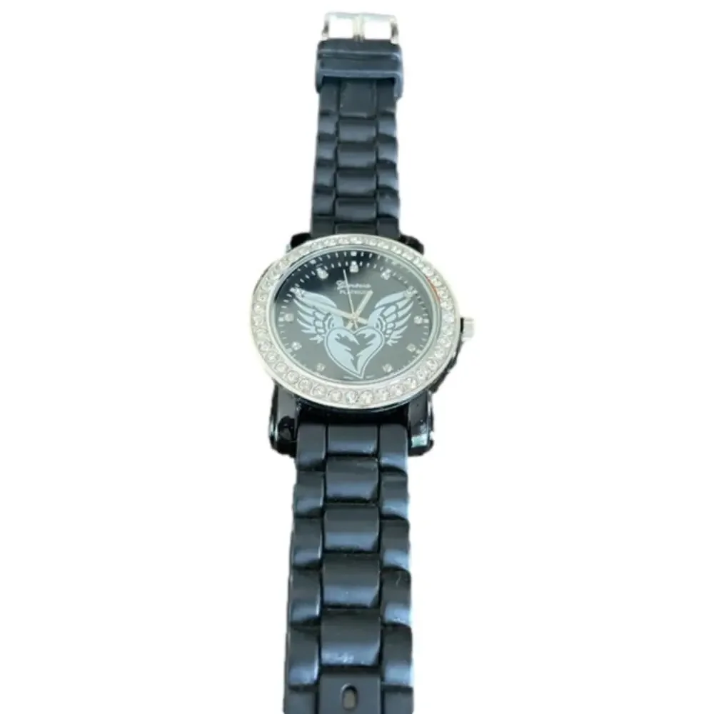 Geneva‎ Platinum Heart With Wings Black Rubber Unisex Watch Stainless Steel